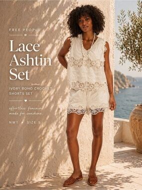 NWT Free People Lace Ashtin Set Ivory Boho Crochet Shorts Set S